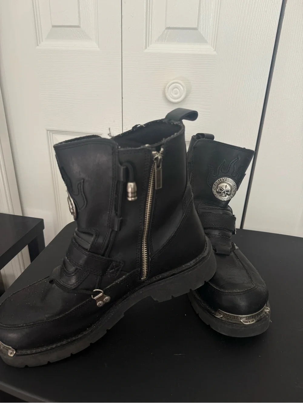 Harley-Davidson Black Leather Moto Boots with Silver Hardware